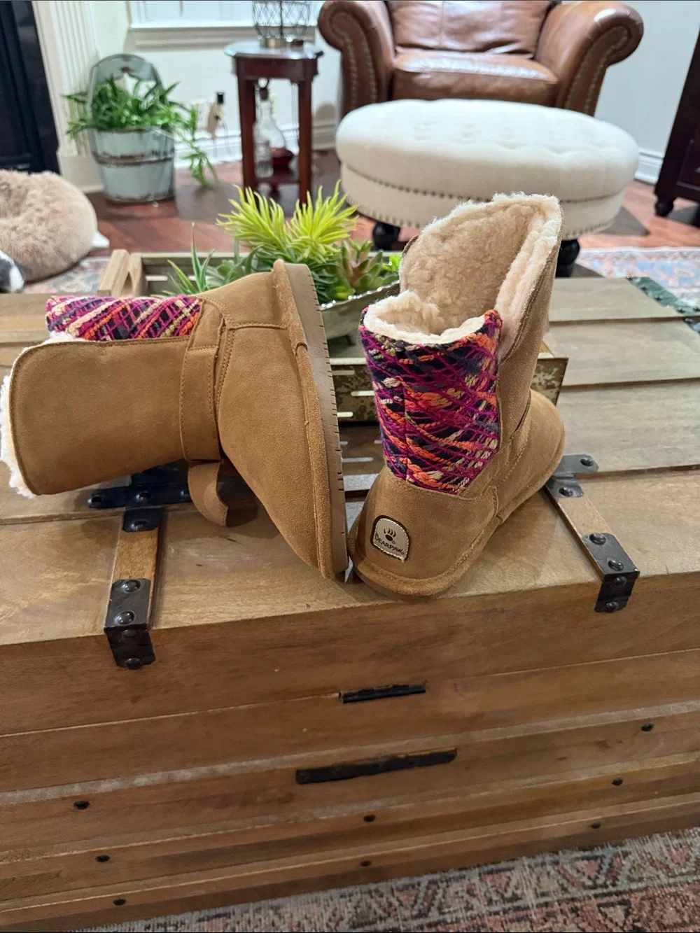 BearPaw Tan Suede Winter Boots with Multicolor Knit Cuff